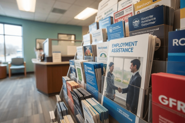 Professional editorial-style image of a government assistance office with pamphlet labeled.